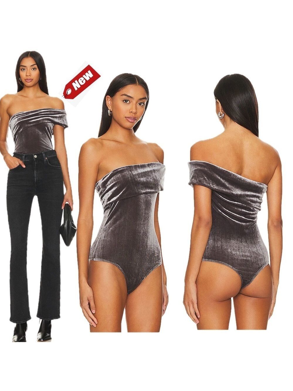 Agolde Gray velvet Bree Banded one shoulder Bodysuit XL NWT